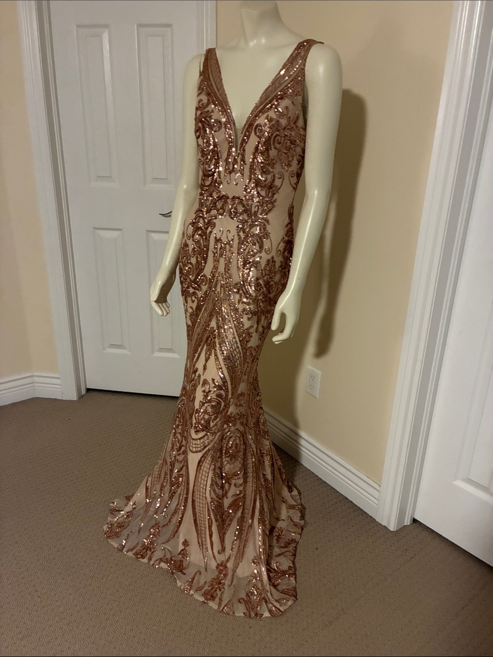 Rose Gold Sequin V-Neck Evening Gown
